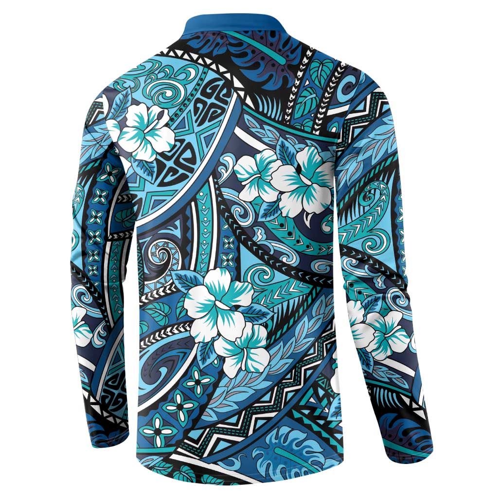 Polynesian Hibiscus Tropical Blue Floral Button Sweatshirt Tribal Pattern LT01 - Polynesian Pride