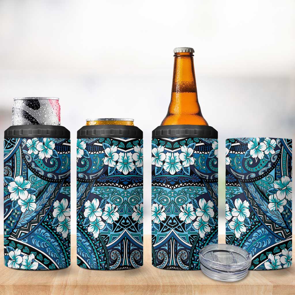 Polynesian Hibiscus Tropical Blue Floral 4 in 1 Can Cooler Tumbler Tribal Pattern LT01 - Polynesian Pride
