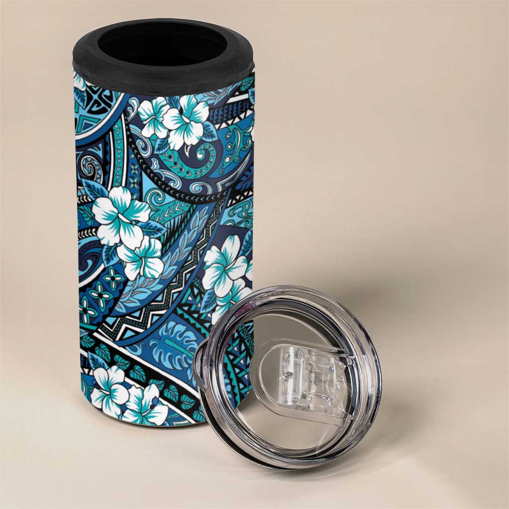 Polynesian Hibiscus Tropical Blue Floral 4 in 1 Can Cooler Tumbler Tribal Pattern LT01 - Polynesian Pride