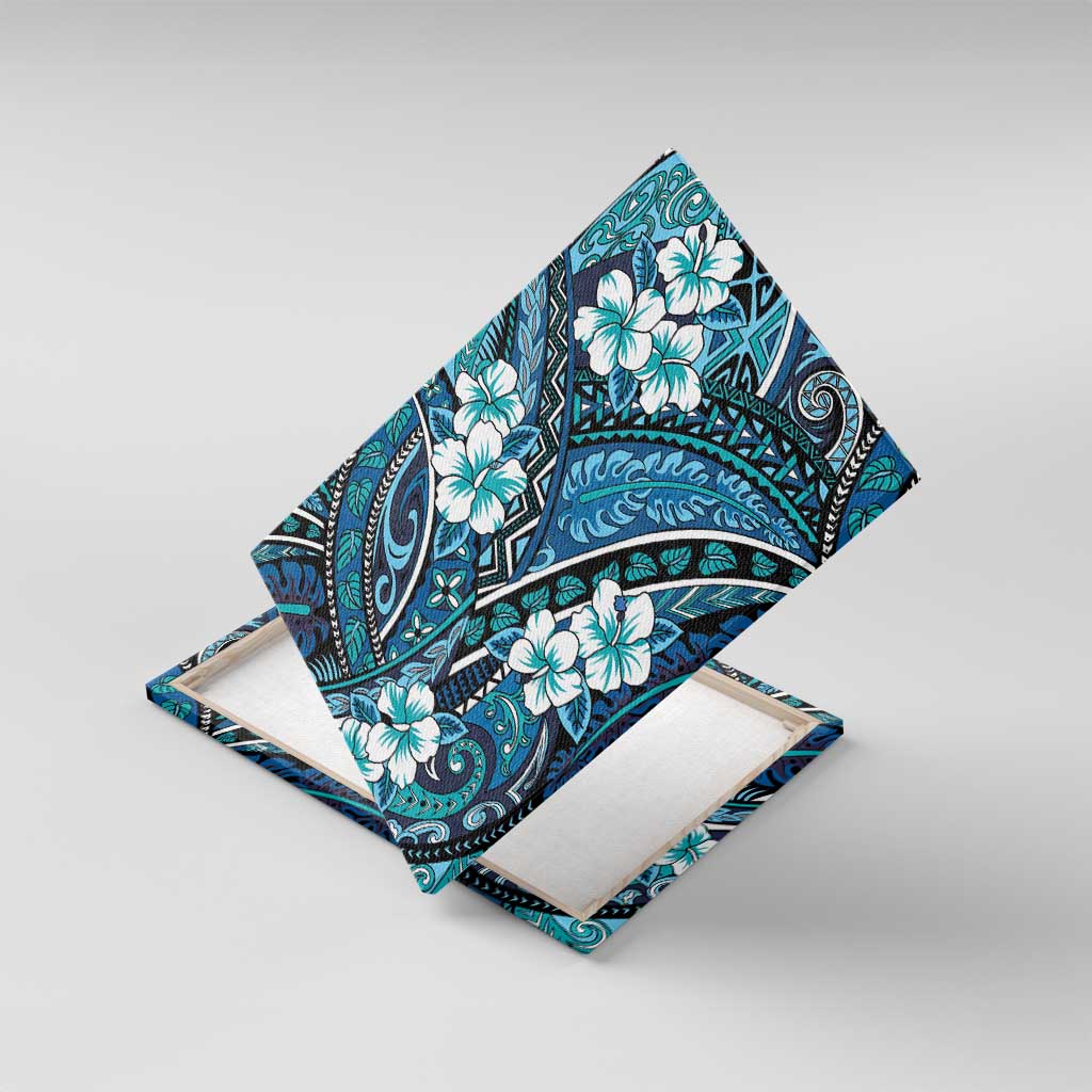 Polynesian Hibiscus Tropical Blue Floral Canvas Wall Art Tribal Pattern LT01 With Frame Blue - Polynesian Pride