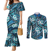 Polynesian Hibiscus Tropical Blue Floral Couples Matching Mermaid Dress and Long Sleeve Button Shirt Tribal Pattern LT01 Blue - Polynesian Pride