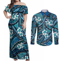 Polynesian Hibiscus Tropical Blue Floral Couples Matching Off Shoulder Maxi Dress and Long Sleeve Button Shirt Tribal Pattern LT01 Blue - Polynesian Pride