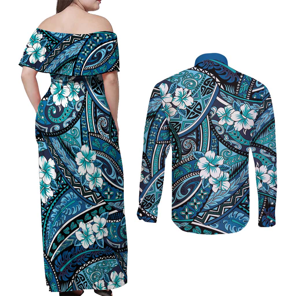 Polynesian Hibiscus Tropical Blue Floral Couples Matching Off Shoulder Maxi Dress and Long Sleeve Button Shirt Tribal Pattern LT01 - Polynesian Pride