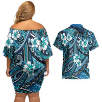 Polynesian Hibiscus Tropical Blue Floral Couples Matching Off Shoulder Short Dress and Hawaiian Shirt Tribal Pattern - Polynesian Pride