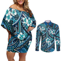 Polynesian Hibiscus Tropical Blue Floral Couples Matching Off Shoulder Short Dress and Long Sleeve Button Shirt Tribal Pattern LT01 Blue - Polynesian Pride