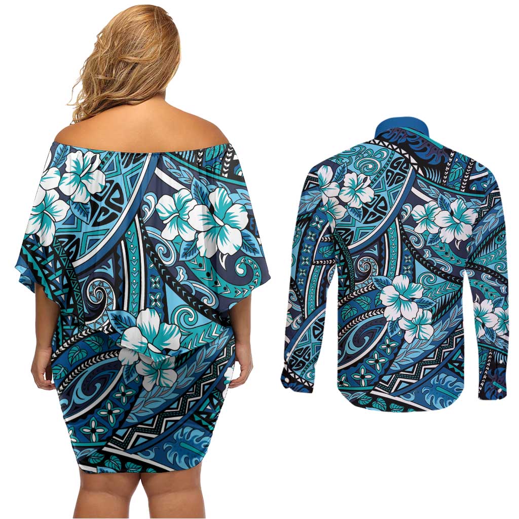 Polynesian Hibiscus Tropical Blue Floral Couples Matching Off Shoulder Short Dress and Long Sleeve Button Shirt Tribal Pattern LT01 - Polynesian Pride