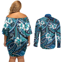 Polynesian Hibiscus Tropical Blue Floral Couples Matching Off Shoulder Short Dress and Long Sleeve Button Shirt Tribal Pattern LT01 - Polynesian Pride
