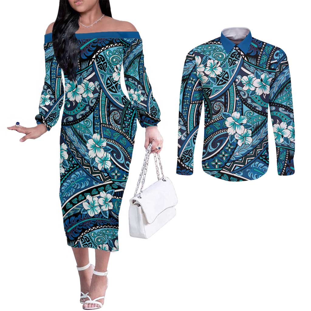 Polynesian Hibiscus Tropical Blue Floral Couples Matching Off The Shoulder Long Sleeve Dress and Long Sleeve Button Shirt Tribal Pattern - Polynesian Pride