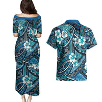 Polynesian Hibiscus Tropical Blue Floral Couples Matching Puletasi and Hawaiian Shirt Tribal Pattern - Polynesian Pride