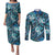 Polynesian Hibiscus Tropical Blue Floral Couples Matching Puletasi and Long Sleeve Button Shirt Tribal Pattern - Polynesian Pride