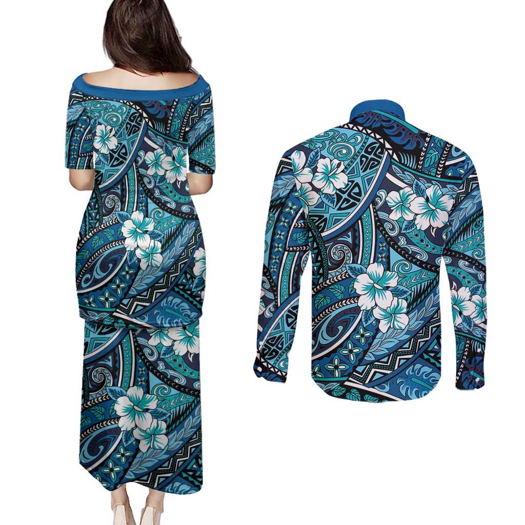 Polynesian Hibiscus Tropical Blue Floral Couples Matching Puletasi and Long Sleeve Button Shirt Tribal Pattern LT01 - Polynesian Pride