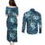 Polynesian Hibiscus Tropical Blue Floral Couples Matching Puletasi and Long Sleeve Button Shirt Tribal Pattern - Polynesian Pride