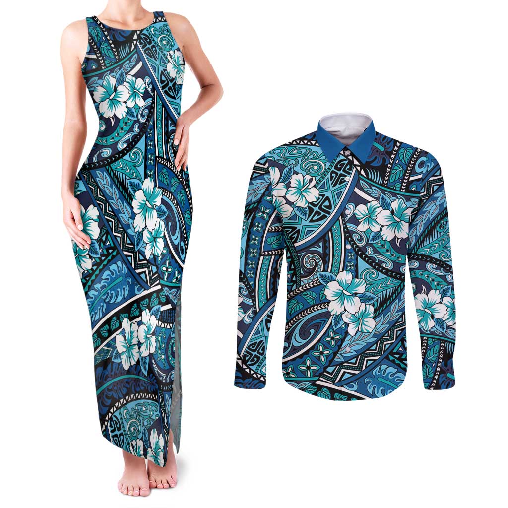 Polynesian Hibiscus Tropical Blue Floral Couples Matching Tank Maxi Dress and Long Sleeve Button Shirt Tribal Pattern LT01 Blue - Polynesian Pride