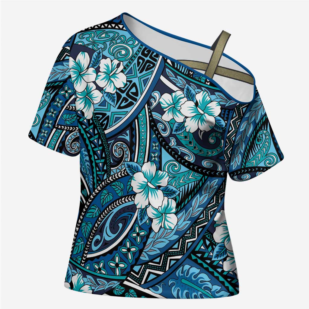 Polynesian Hibiscus Tropical Blue Floral Cross Shoulder Shirt Tribal Pattern LT01 Female Blue - Polynesian Pride