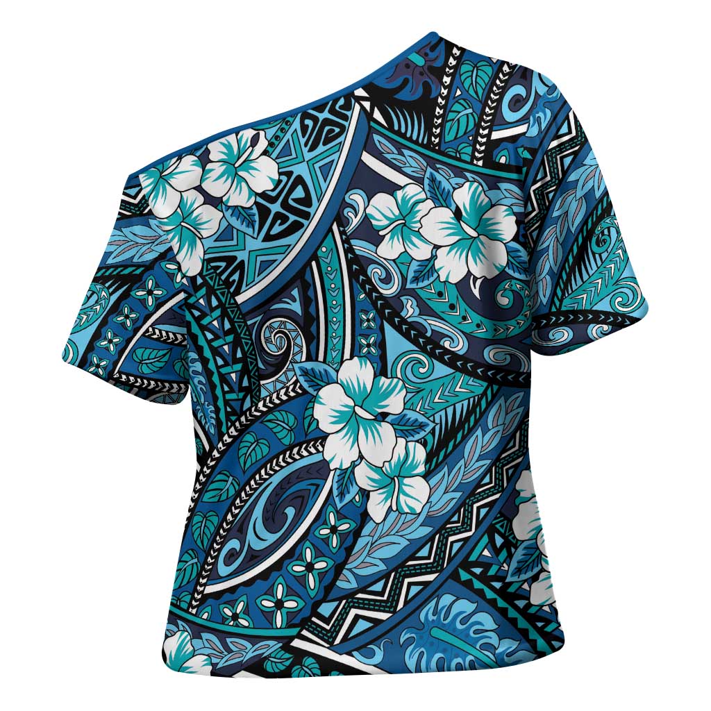Polynesian Hibiscus Tropical Blue Floral Cross Shoulder Shirt Tribal Pattern LT01 - Polynesian Pride