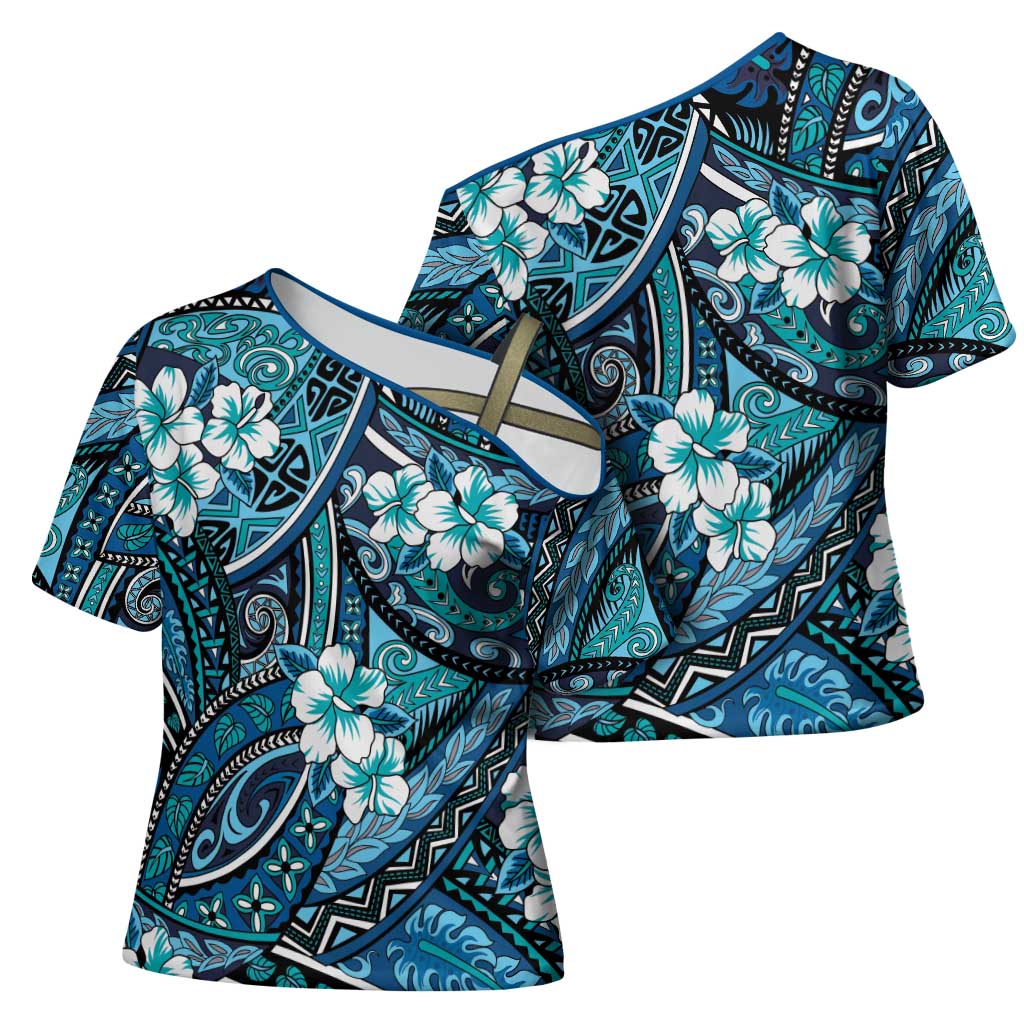 Polynesian Hibiscus Tropical Blue Floral Cross Shoulder Shirt Tribal Pattern LT01 - Polynesian Pride