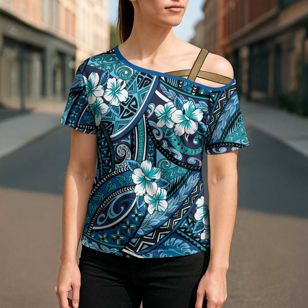 Polynesian Hibiscus Tropical Blue Floral Cross Shoulder Shirt Tribal Pattern LT01 - Polynesian Pride