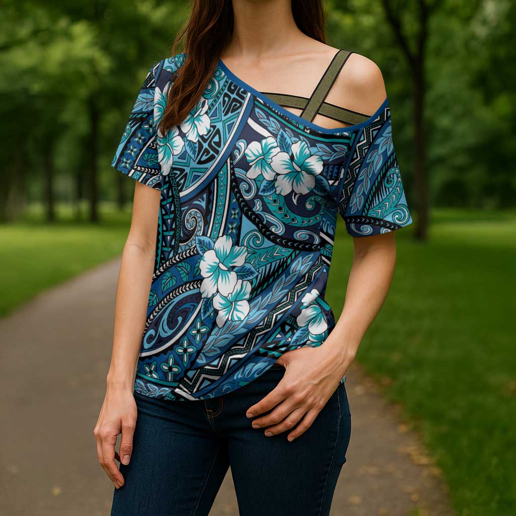 Polynesian Hibiscus Tropical Blue Floral Cross Shoulder Shirt Tribal Pattern LT01 - Polynesian Pride