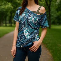 Polynesian Hibiscus Tropical Blue Floral Cross Shoulder Shirt Tribal Pattern LT01 - Polynesian Pride