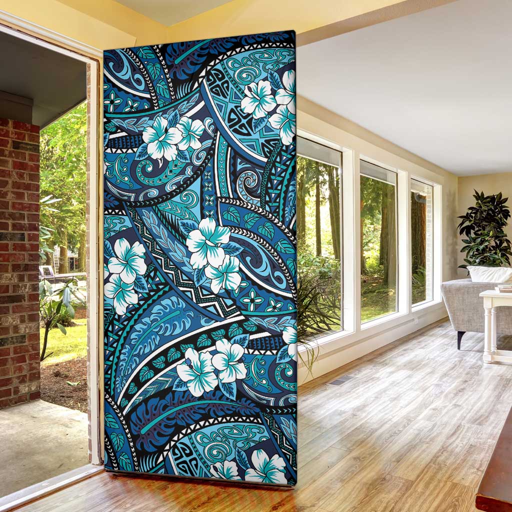 Polynesian Hibiscus Tropical Blue Floral Door Cover Tribal Pattern - Polynesian Pride