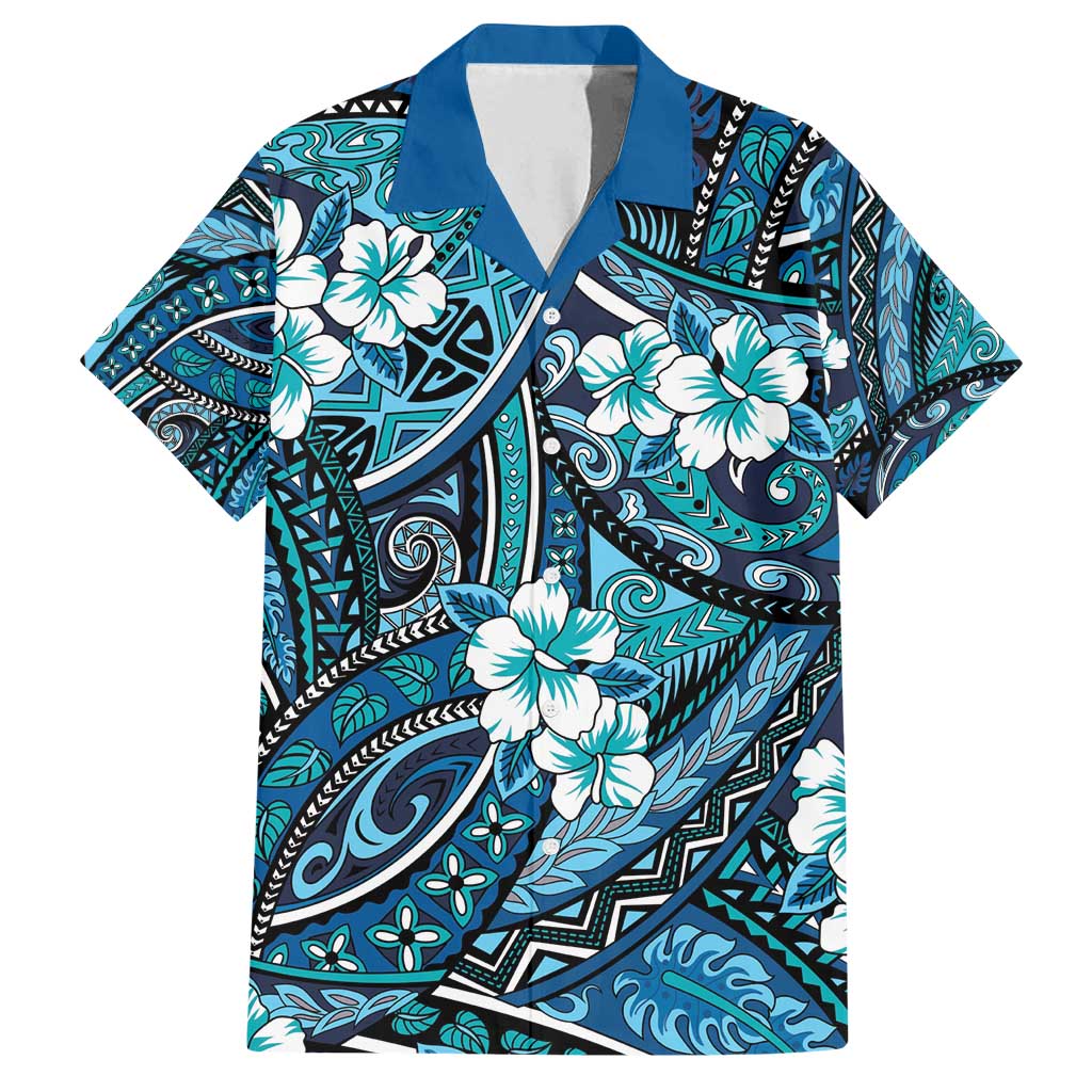 Polynesian Hibiscus Tropical Blue Floral Family Matching Long Sleeve Bodycon Dress and Hawaiian Shirt Tribal Pattern - Polynesian Pride