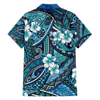 Polynesian Hibiscus Tropical Blue Floral Family Matching Long Sleeve Bodycon Dress and Hawaiian Shirt Tribal Pattern - Polynesian Pride