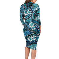 Polynesian Hibiscus Tropical Blue Floral Family Matching Long Sleeve Bodycon Dress and Hawaiian Shirt Tribal Pattern - Polynesian Pride