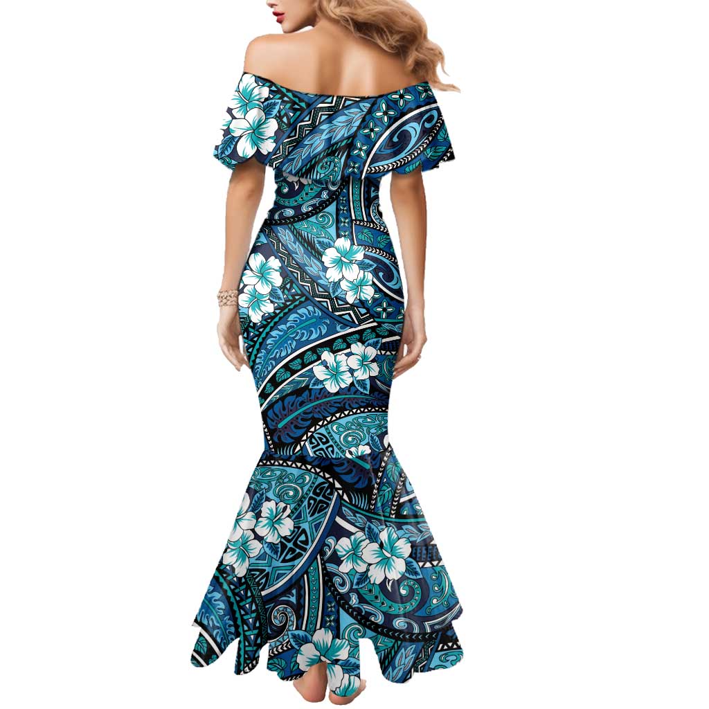 Polynesian Hibiscus Tropical Blue Floral Family Matching Mermaid Dress and Hawaiian Shirt Tribal Pattern - Polynesian Pride