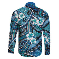 Polynesian Hibiscus Tropical Blue Floral Family Matching Off The Shoulder Long Sleeve Dress and Hawaiian Shirt Tribal Pattern - Polynesian Pride