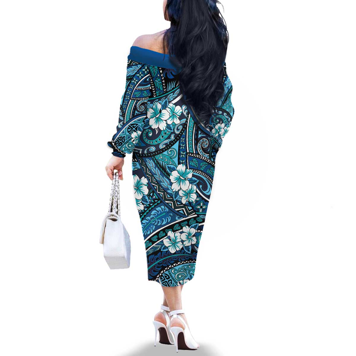 Polynesian Hibiscus Tropical Blue Floral Family Matching Off The Shoulder Long Sleeve Dress and Hawaiian Shirt Tribal Pattern - Polynesian Pride