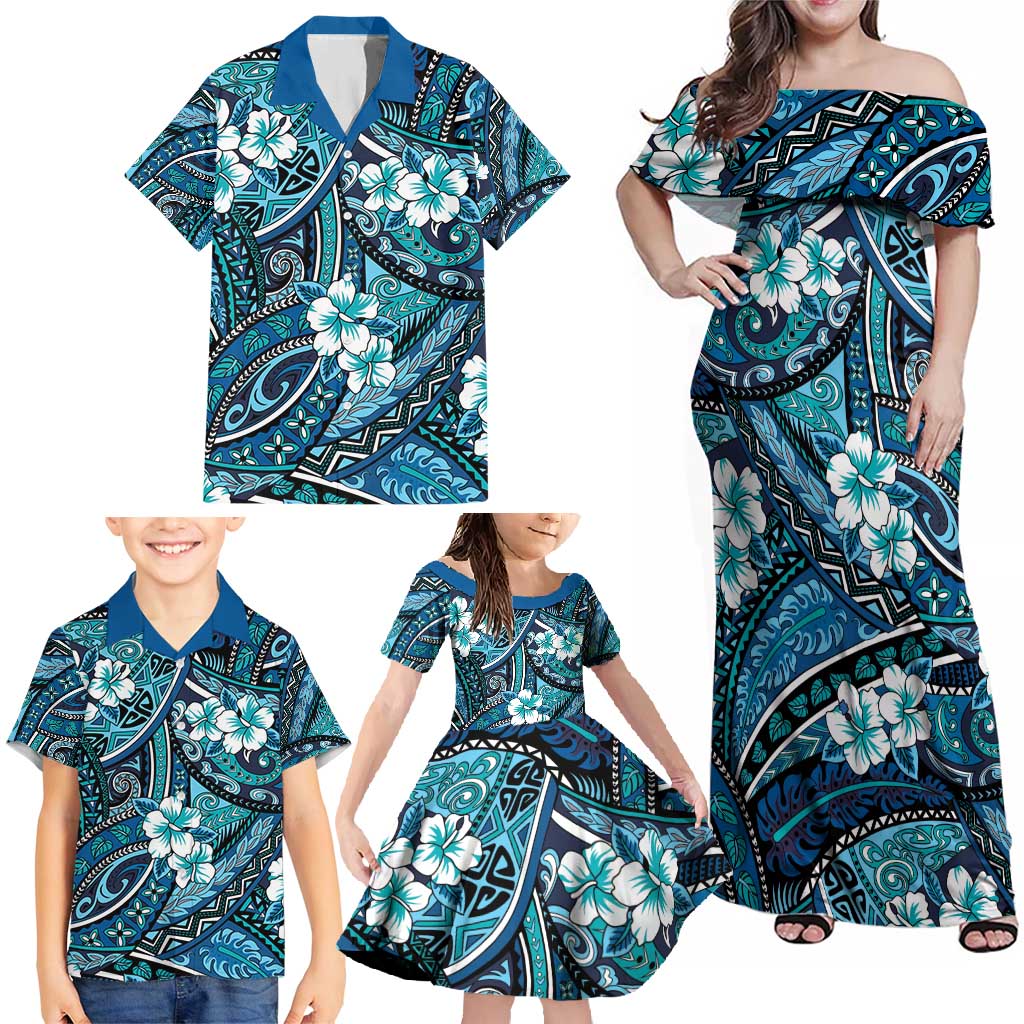 Polynesian Hibiscus Tropical Blue Floral Family Matching Off Shoulder Maxi Dress and Hawaiian Shirt Tribal Pattern - Polynesian Pride