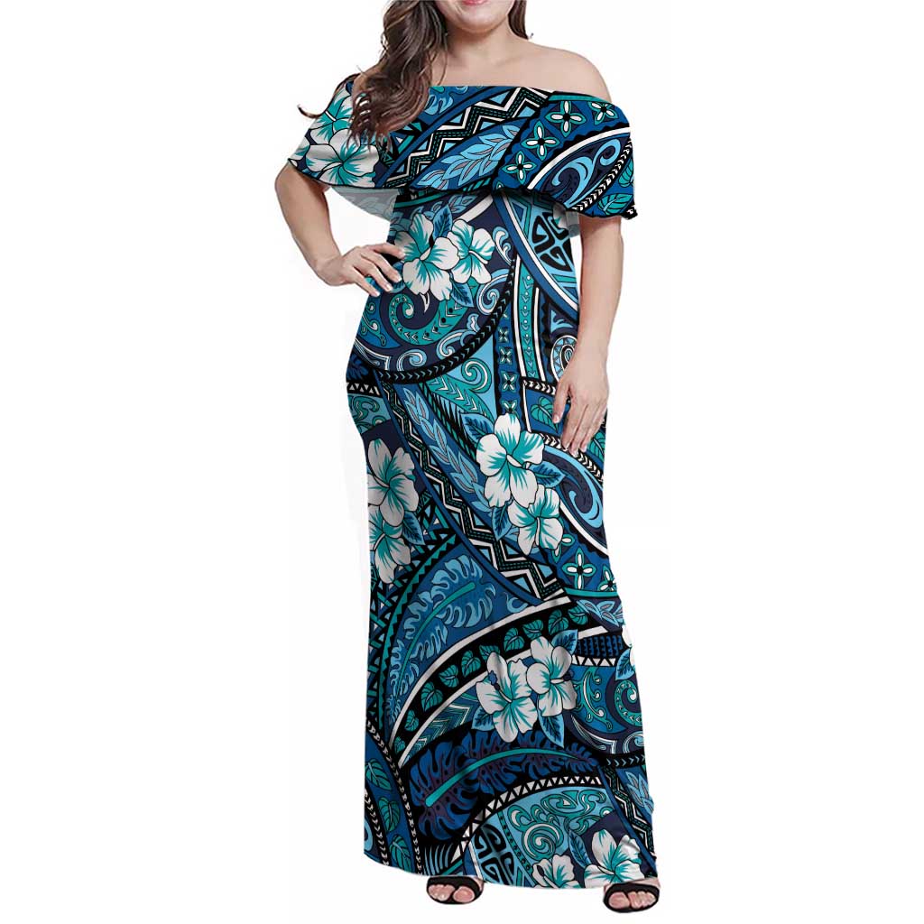 Polynesian Hibiscus Tropical Blue Floral Family Matching Off Shoulder Maxi Dress and Hawaiian Shirt Tribal Pattern - Polynesian Pride
