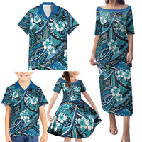 Polynesian Hibiscus Tropical Blue Floral Family Matching Puletasi and Hawaiian Shirt Tribal Pattern - Polynesian Pride