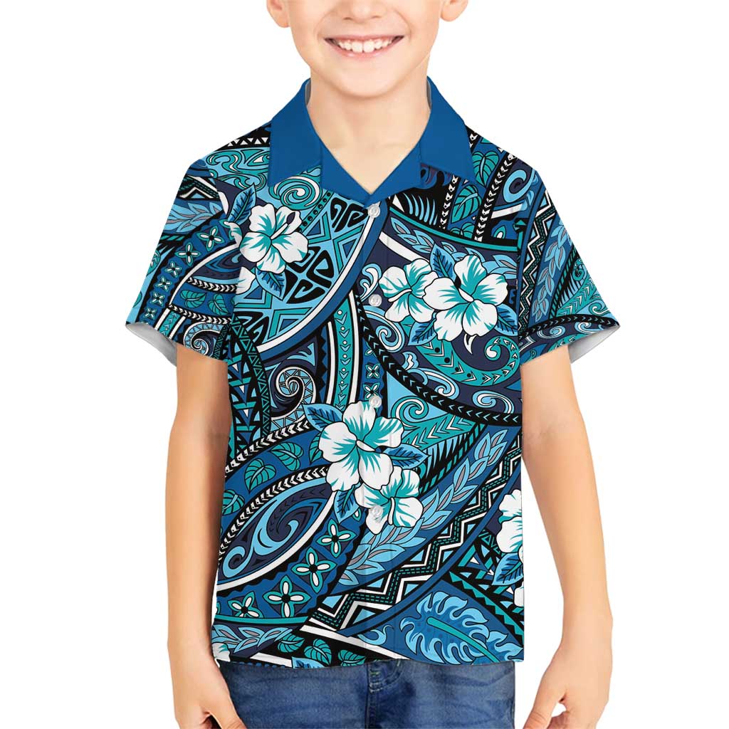 Polynesian Hibiscus Tropical Blue Floral Family Matching Puletasi and Hawaiian Shirt Tribal Pattern - Polynesian Pride