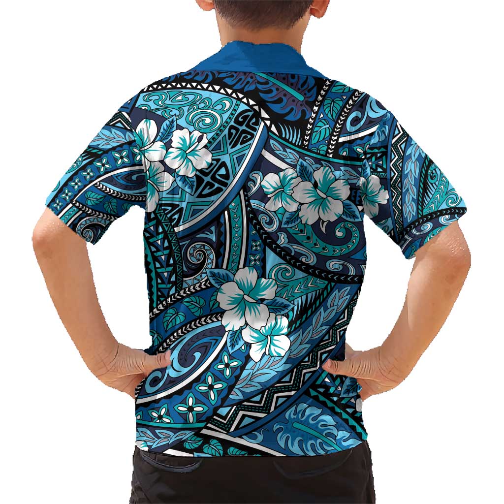 Polynesian Hibiscus Tropical Blue Floral Family Matching Short Sleeve Bodycon Dress and Hawaiian Shirt Tribal Pattern - Polynesian Pride