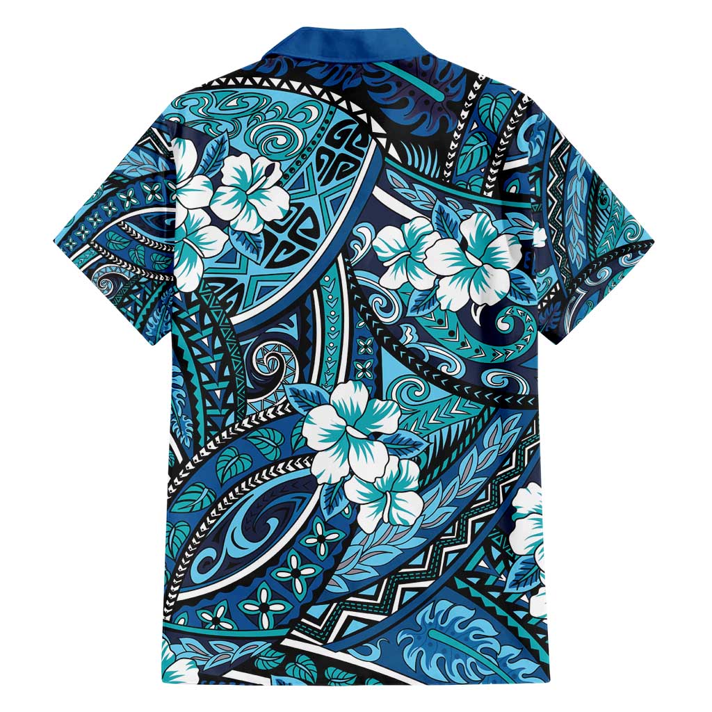 Polynesian Hibiscus Tropical Blue Floral Family Matching Short Sleeve Bodycon Dress and Hawaiian Shirt Tribal Pattern - Polynesian Pride