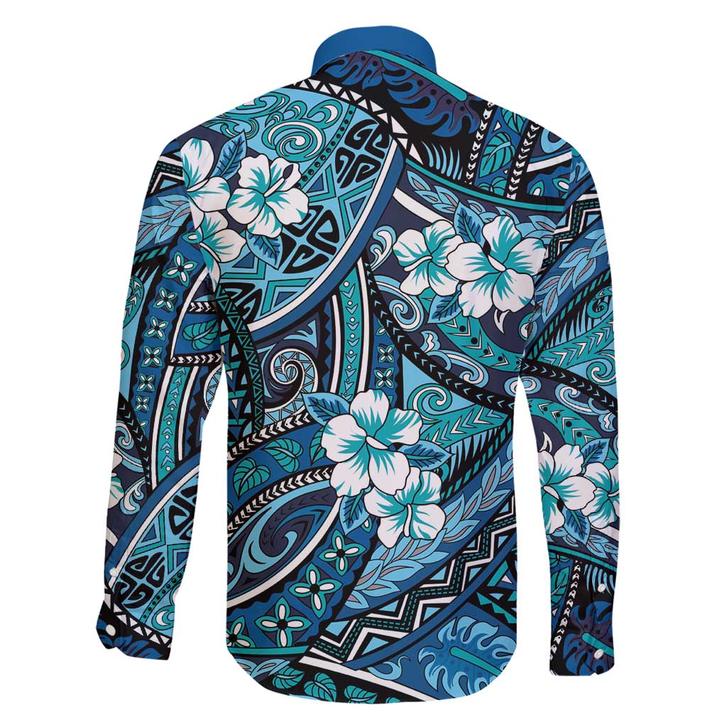 Polynesian Hibiscus Tropical Blue Floral Family Matching Short Sleeve Bodycon Dress and Hawaiian Shirt Tribal Pattern - Polynesian Pride