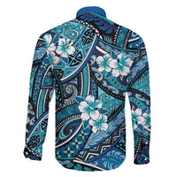 Polynesian Hibiscus Tropical Blue Floral Family Matching Short Sleeve Bodycon Dress and Hawaiian Shirt Tribal Pattern - Polynesian Pride