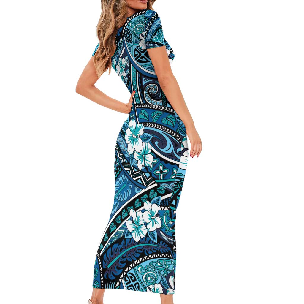 Polynesian Hibiscus Tropical Blue Floral Family Matching Short Sleeve Bodycon Dress and Hawaiian Shirt Tribal Pattern - Polynesian Pride