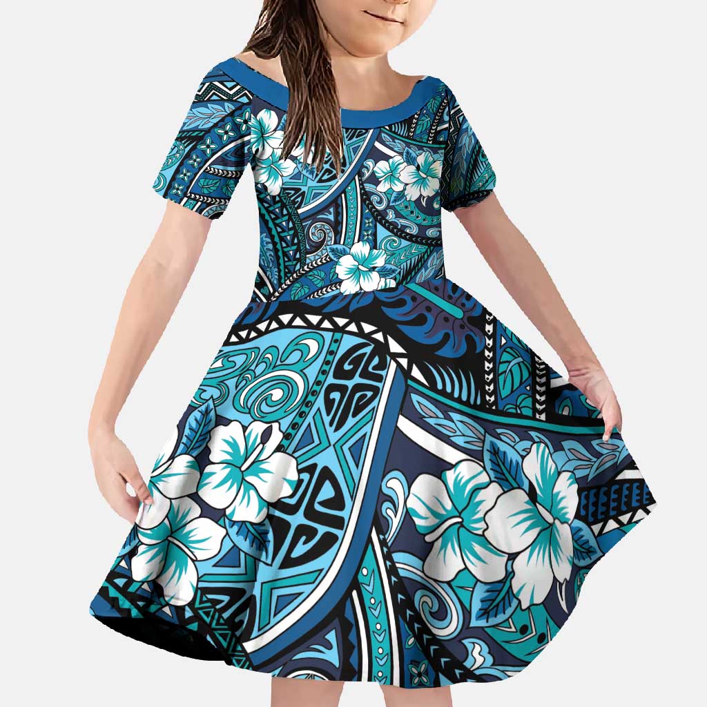 Polynesian Hibiscus Tropical Blue Floral Family Matching Summer Maxi Dress and Hawaiian Shirt Tribal Pattern - Polynesian Pride