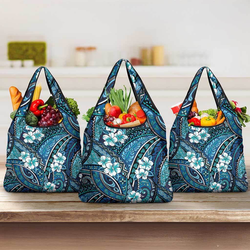 Polynesian Hibiscus Tropical Blue Floral Grocery Bag Tribal Pattern LT01 3-pack One Size Blue - Polynesian Pride