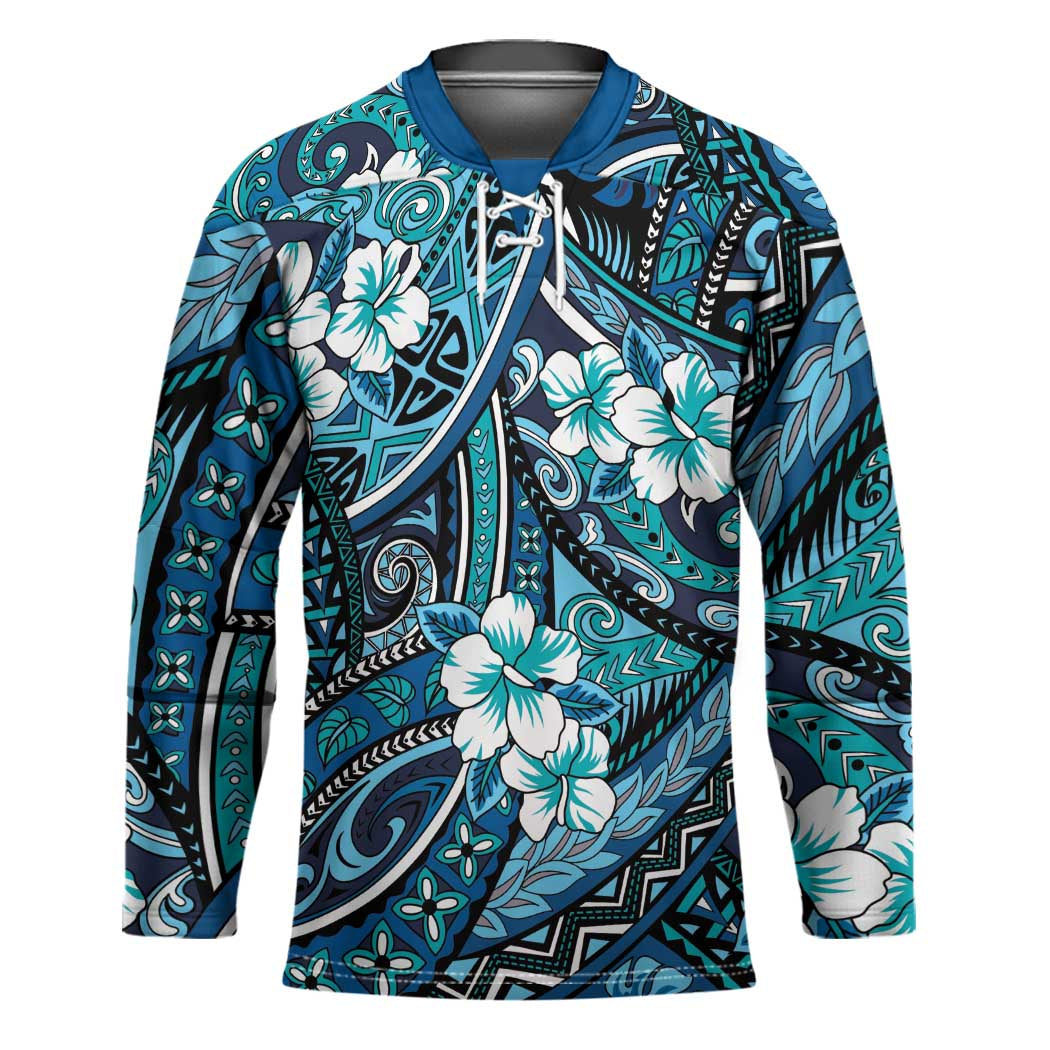 Polynesian Hibiscus Tropical Blue Floral Hockey Jersey Tribal Pattern LT01 Unisex Blue - Polynesian Pride
