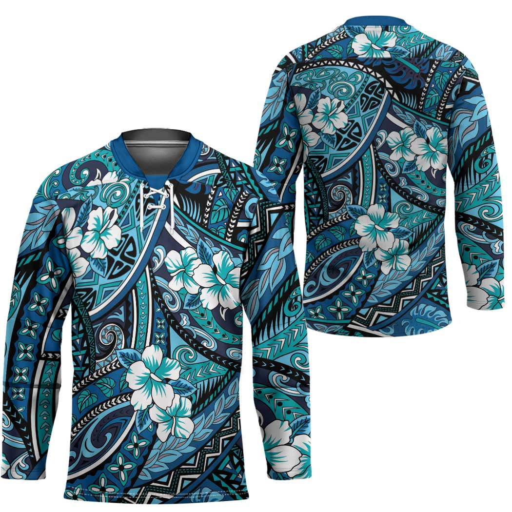 Polynesian Hibiscus Tropical Blue Floral Hockey Jersey Tribal Pattern LT01 - Polynesian Pride