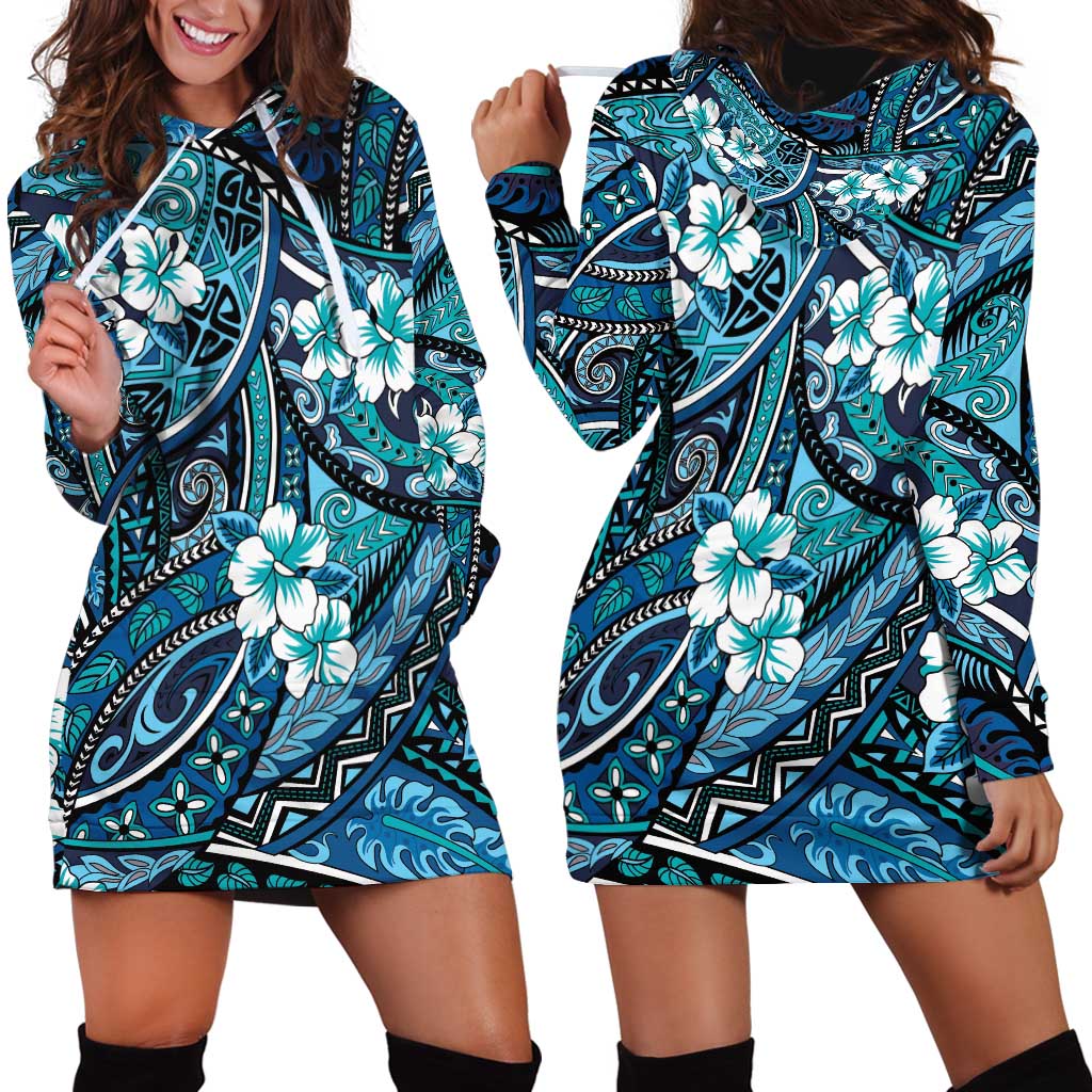 Polynesian Hibiscus Tropical Blue Floral Hoodie Dress Tribal Pattern LT01 - Polynesian Pride