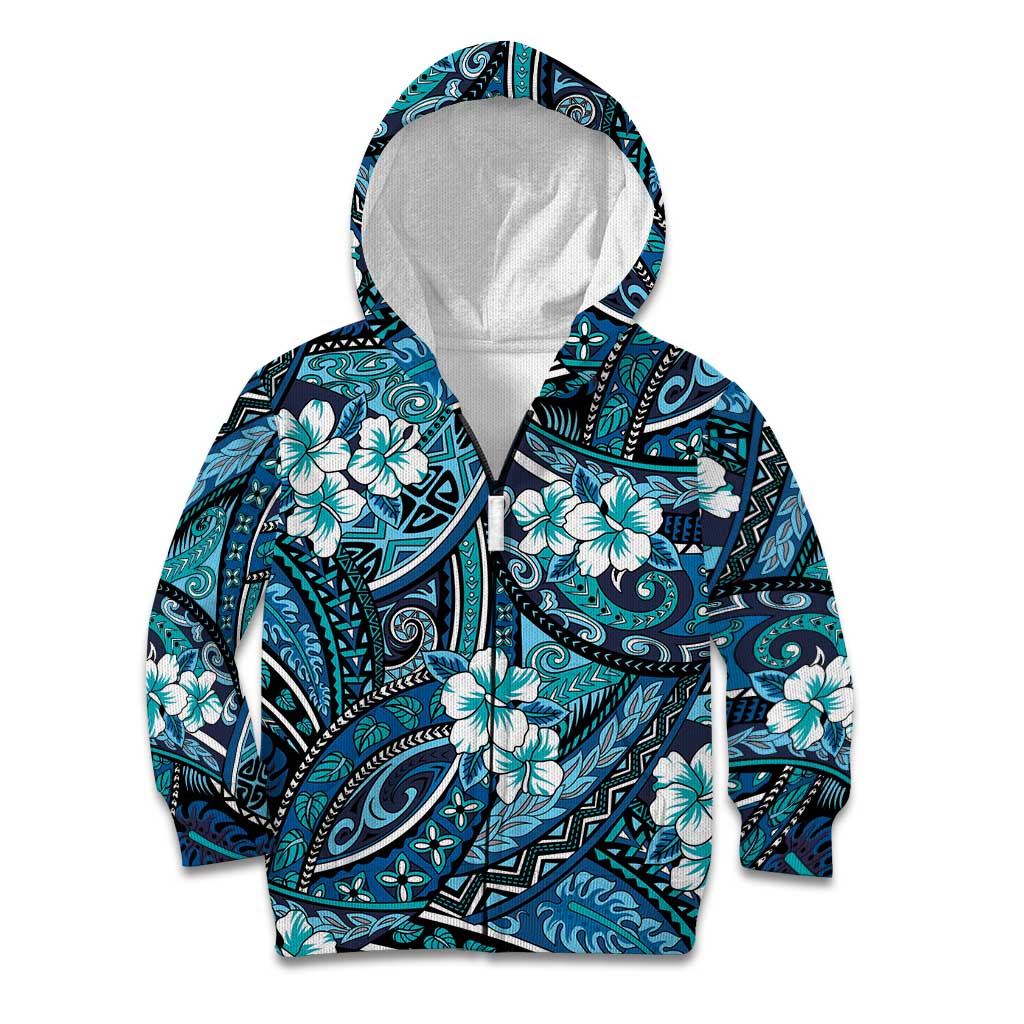 Polynesian Hibiscus Tropical Blue Floral Kid Hoodie Tribal Pattern - Polynesian Pride