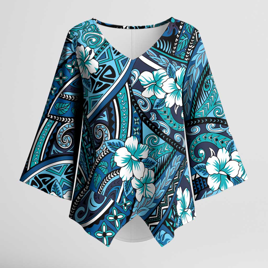 Polynesian Hibiscus Tropical Blue Floral Kimono Sleeve Blouse Tribal Pattern LT01 Female Blue - Polynesian Pride