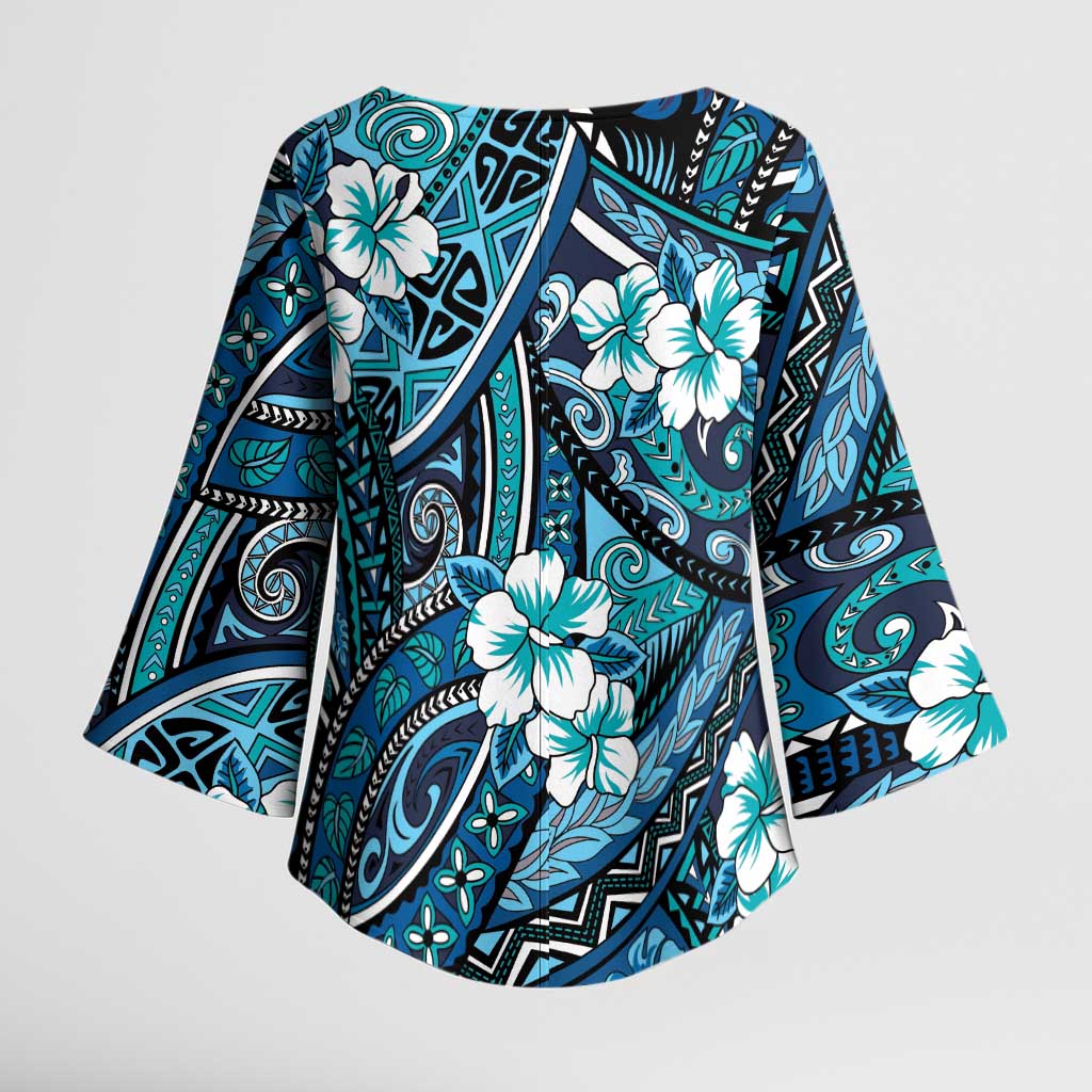Polynesian Hibiscus Tropical Blue Floral Kimono Sleeve Blouse Tribal Pattern LT01 - Polynesian Pride