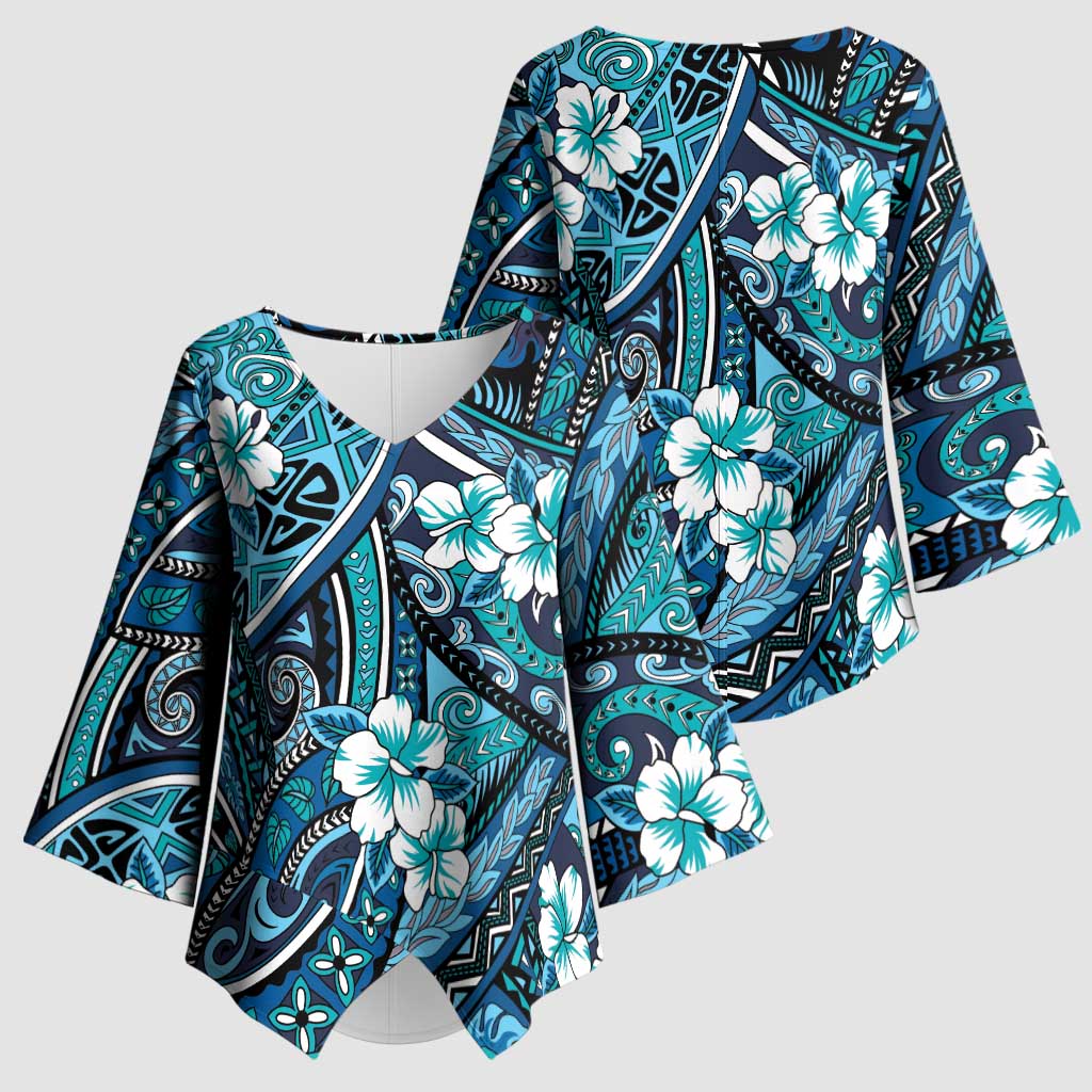 Polynesian Hibiscus Tropical Blue Floral Kimono Sleeve Blouse Tribal Pattern LT01 - Polynesian Pride