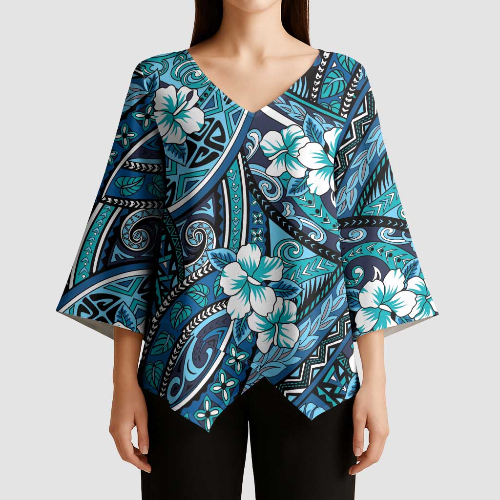 Polynesian Hibiscus Tropical Blue Floral Kimono Sleeve Blouse Tribal Pattern LT01 - Polynesian Pride