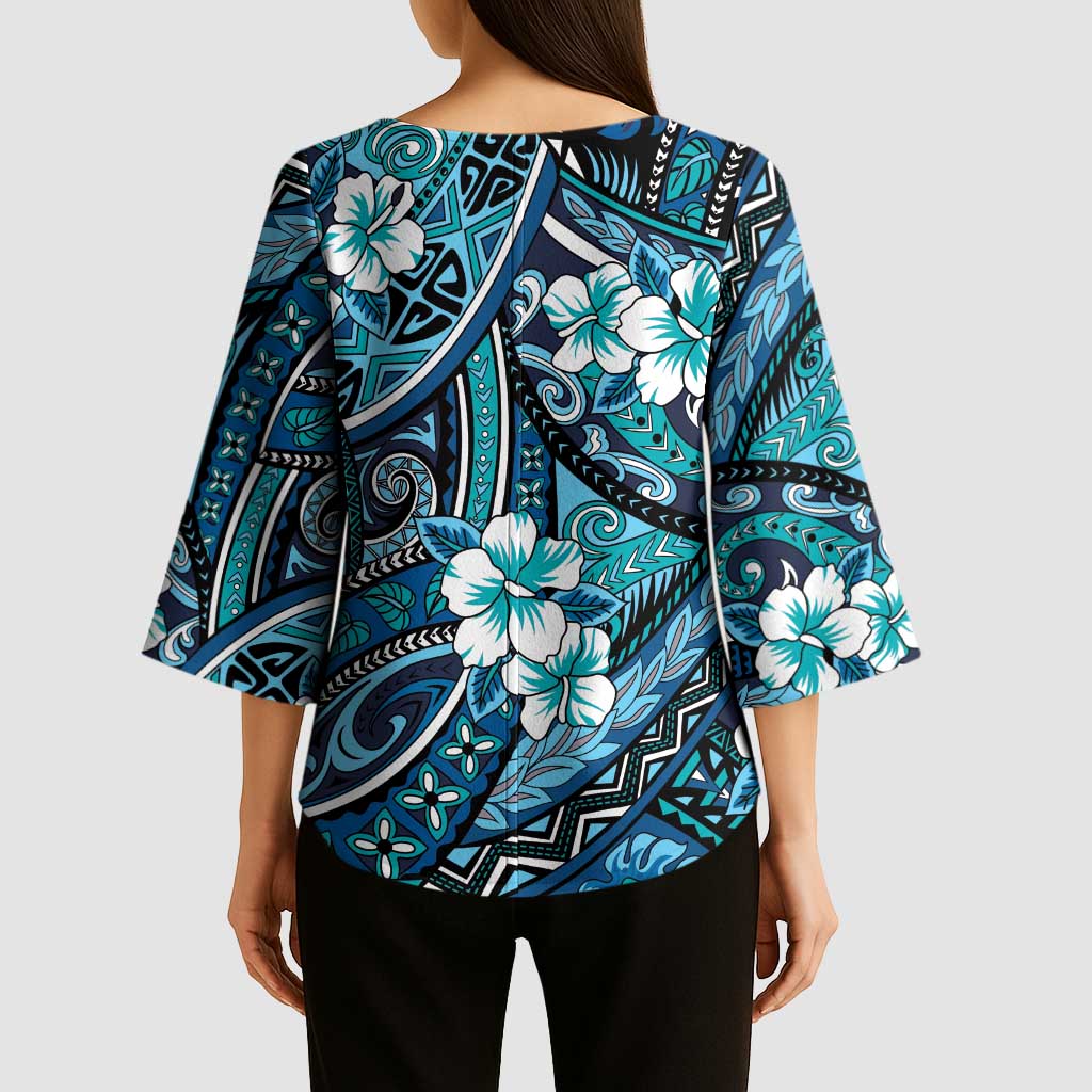 Polynesian Hibiscus Tropical Blue Floral Kimono Sleeve Blouse Tribal Pattern LT01 - Polynesian Pride